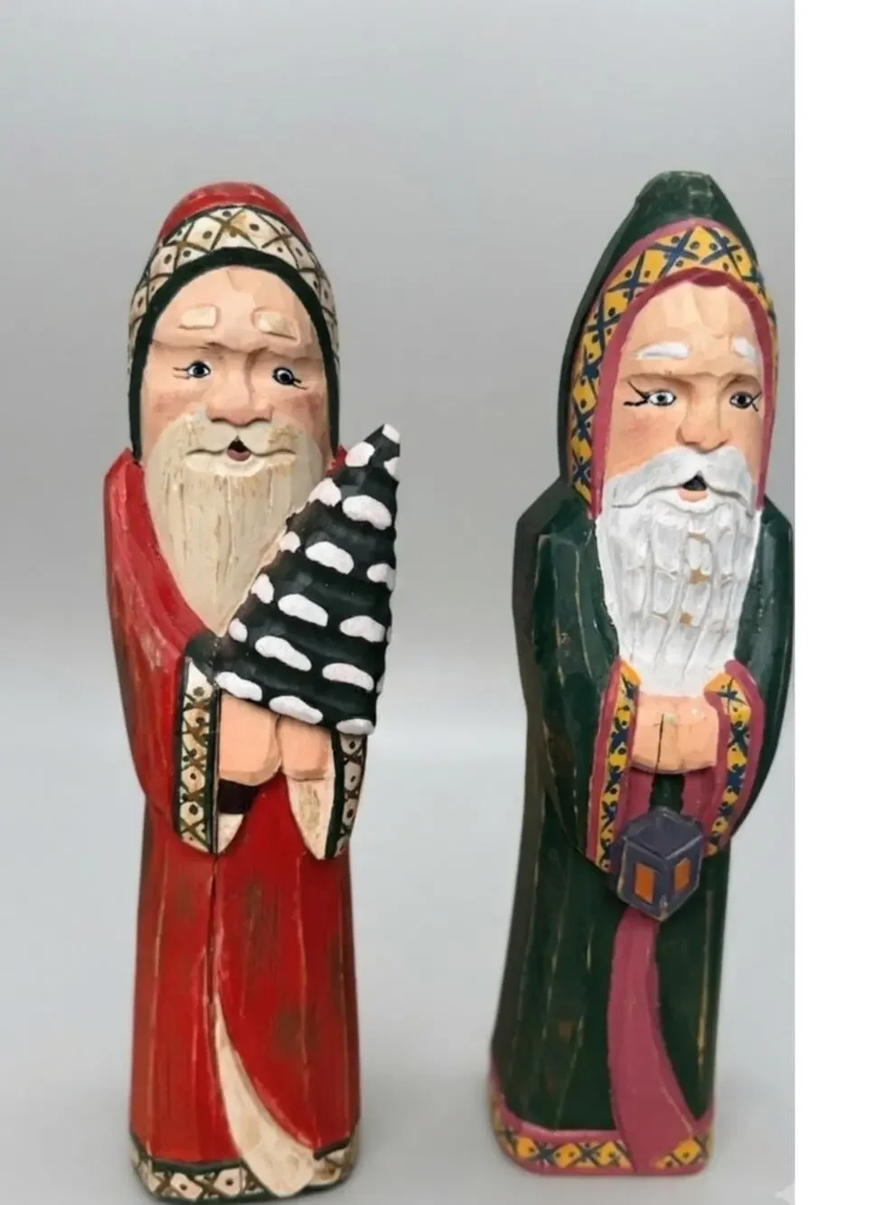 Hand-Carved Wooden Santa Figures, Set of Two Holiday Ornaments, Folk Art Decor